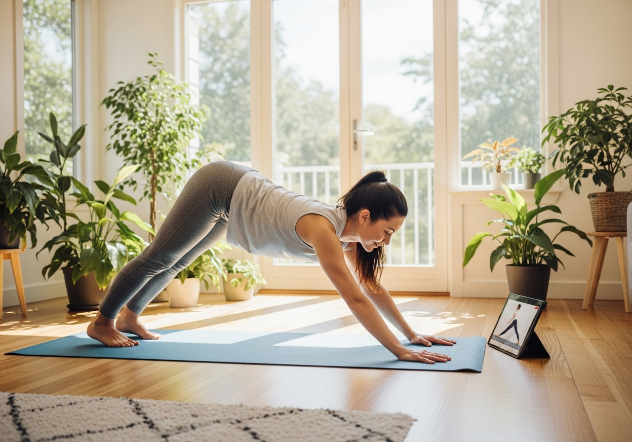 Йога дома с ноутбуком
